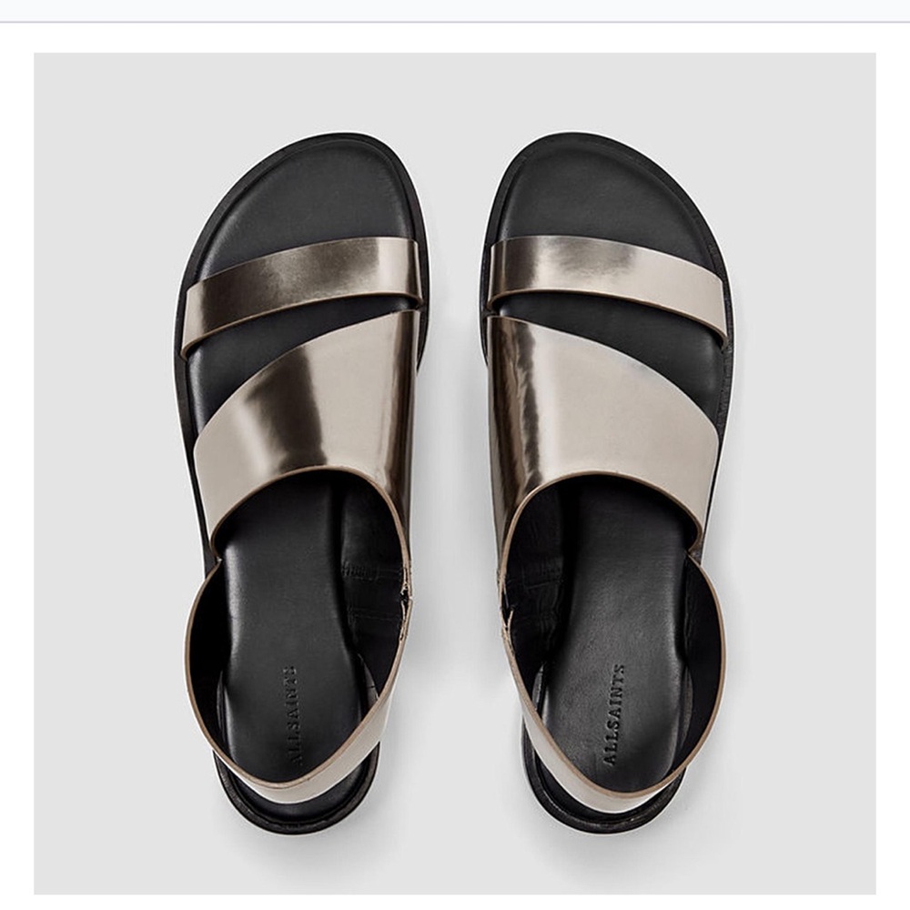 All Saints Leather Pewter Webber Flat Sandals Metallic Size EU 39